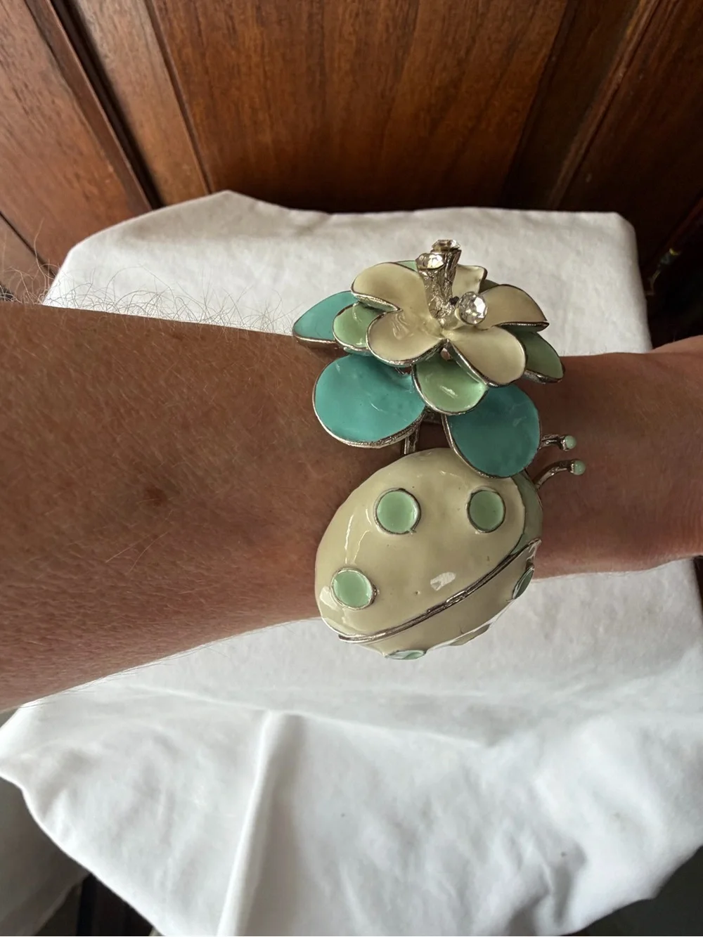Statement Ladybug Flower Enamel Hinged Cuff Bracelet Rhinestone